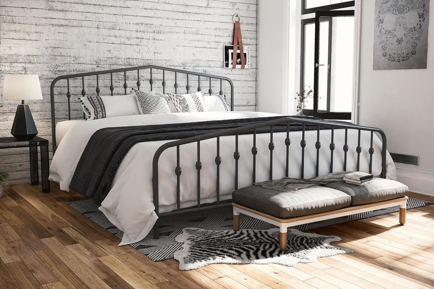 Novogratz Bushwick Metal Platform Bed Frame with Headboard, King, Gunmetal Grey - $140