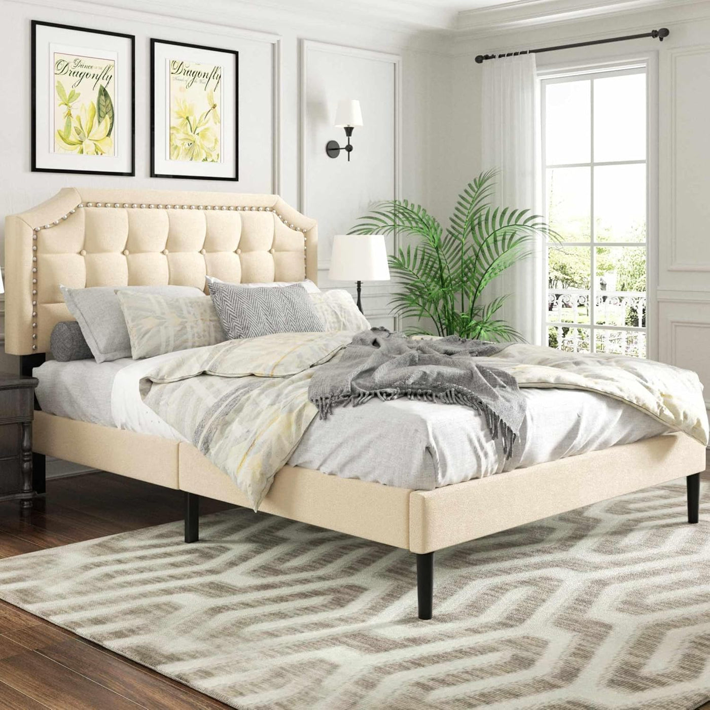 Queen Size Platform Bed Frame with Headboard, No Noise, Beige Velvet - $70