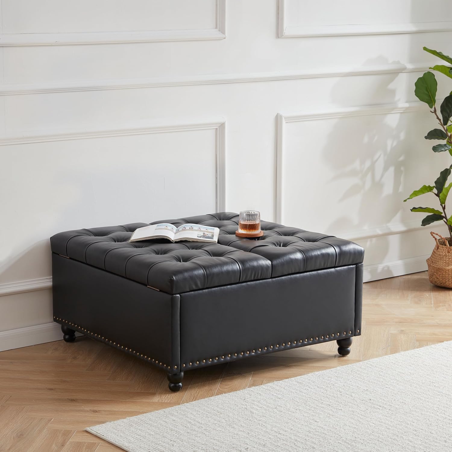 Tbfit 35.5” Large Square Storage Ottoman Bench, Tufted Upholstered Coffee Table - $120