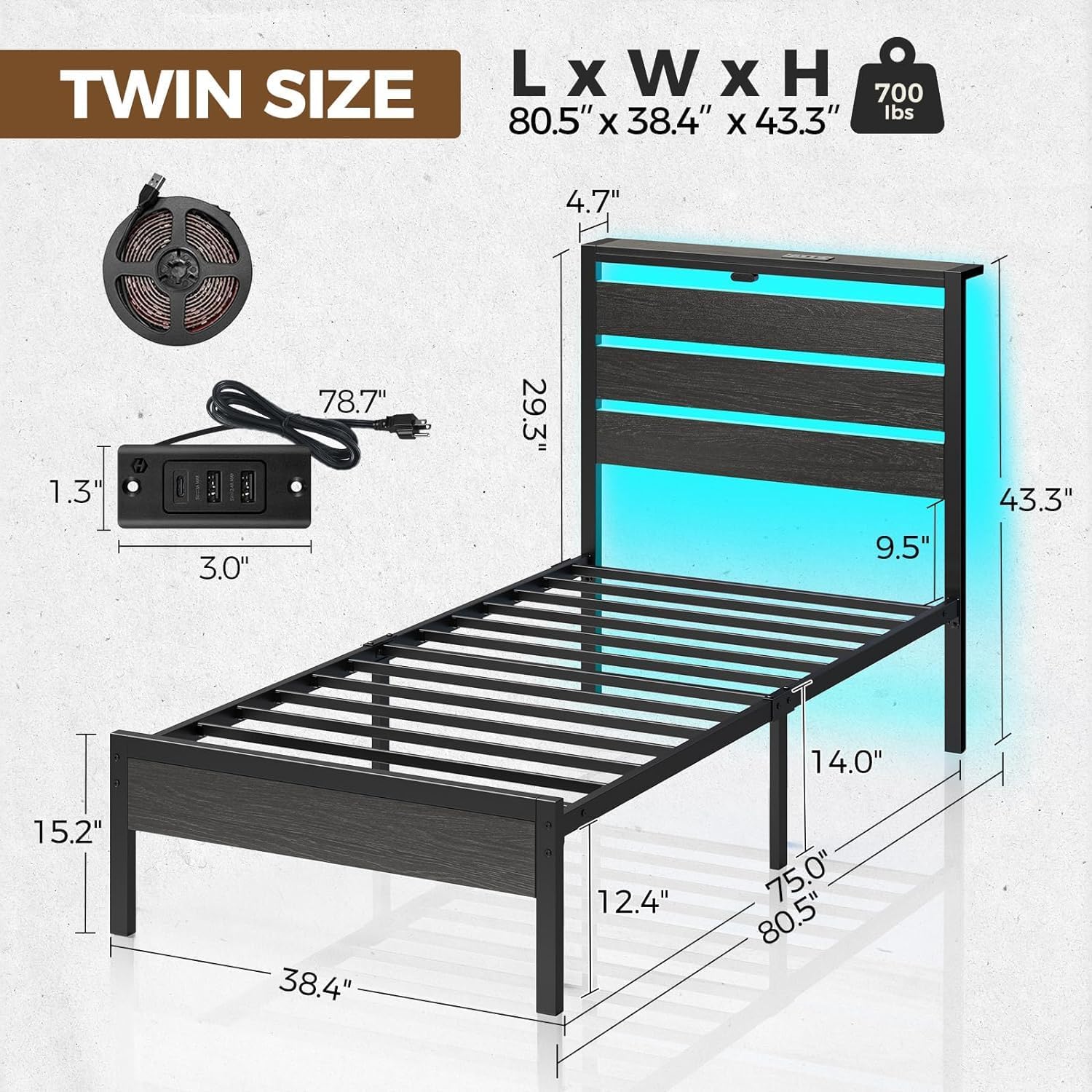 Rolanstar Bed Frame Twin Size with USB Charging Station, LED Bed Frame - $50