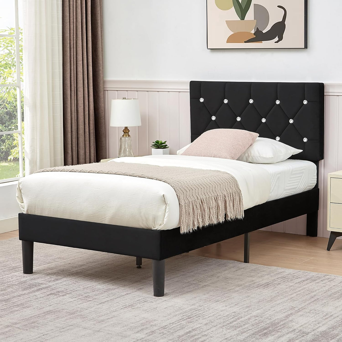 VECELO Twin Size Bed Frame, Upholstered Platform with Diamond Tufted Headboard - $65