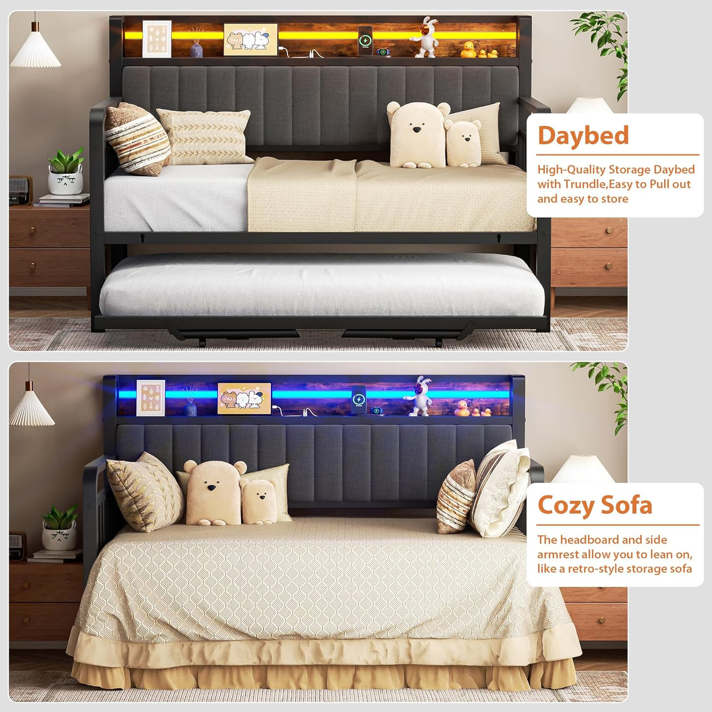 Daybed with Trundle and LED Light, Heavy Duty Metal Twin Bed Frame - $155