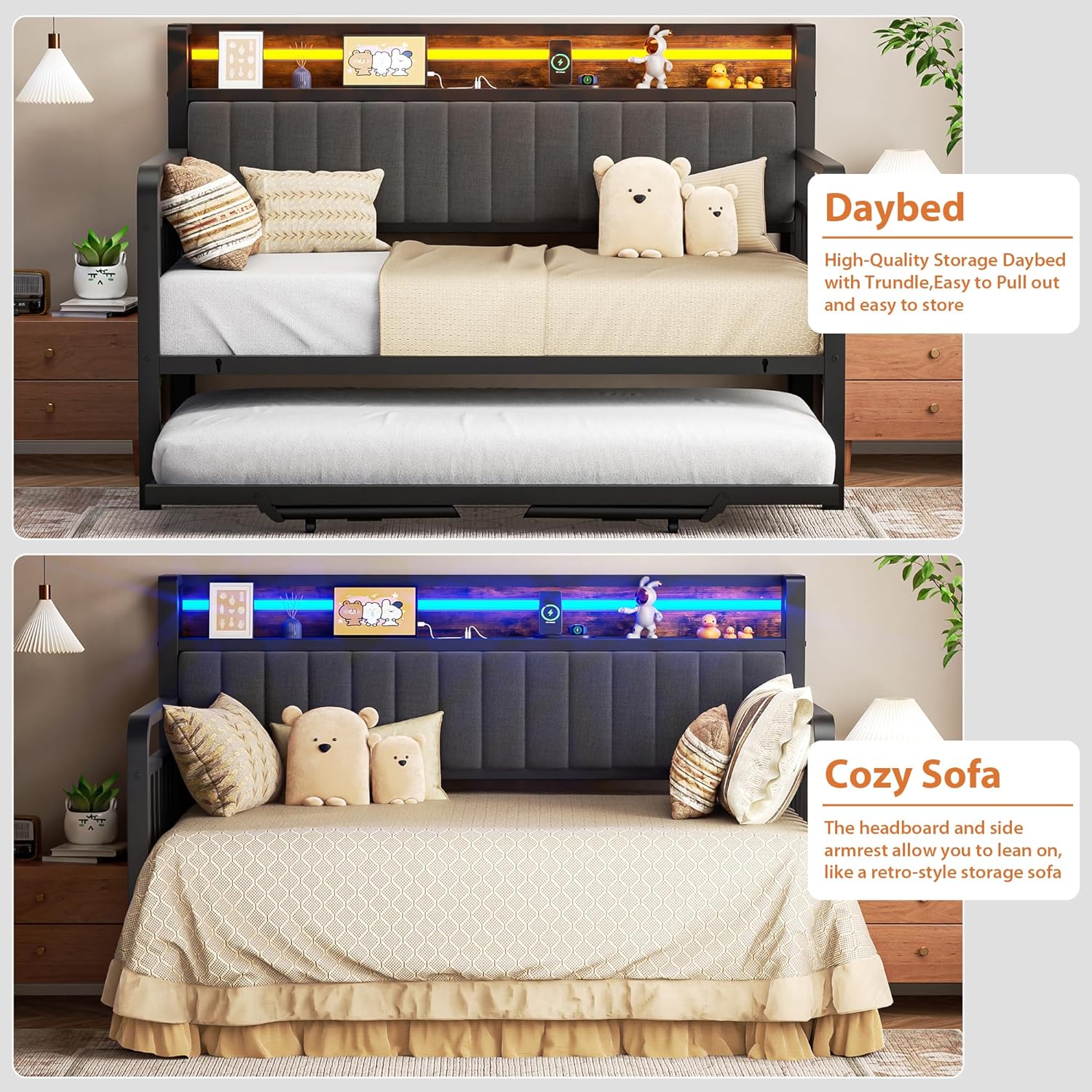 Daybed with Trundle and LED Light, Heavy Duty Metal Twin Bed Frame - $155