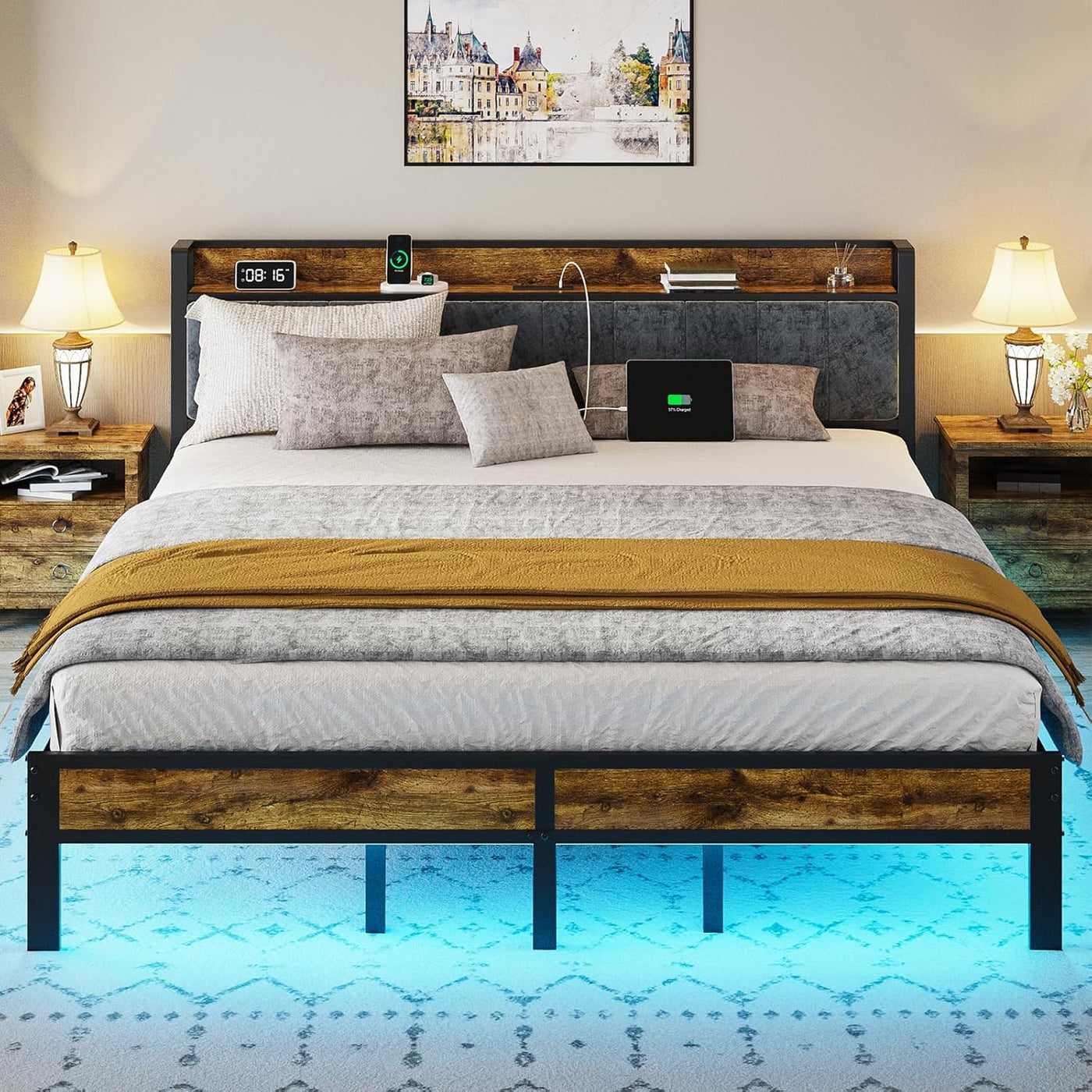 King Size Bed Frame with Smart LED Lights, Storage Headboard - $130