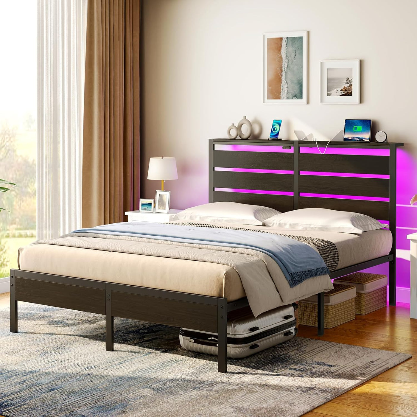 Rolanstar Bed Frame Full Size with USB Charging Station, LED Bed Frame - $100