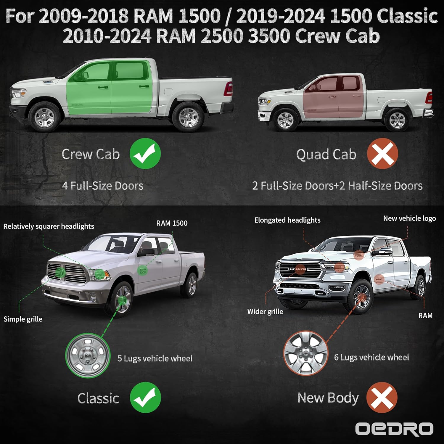 OEDRO 6 Inch Running Boards Compatible with 2009-2018 Dodge Ram 1500 Crew Cab - $185