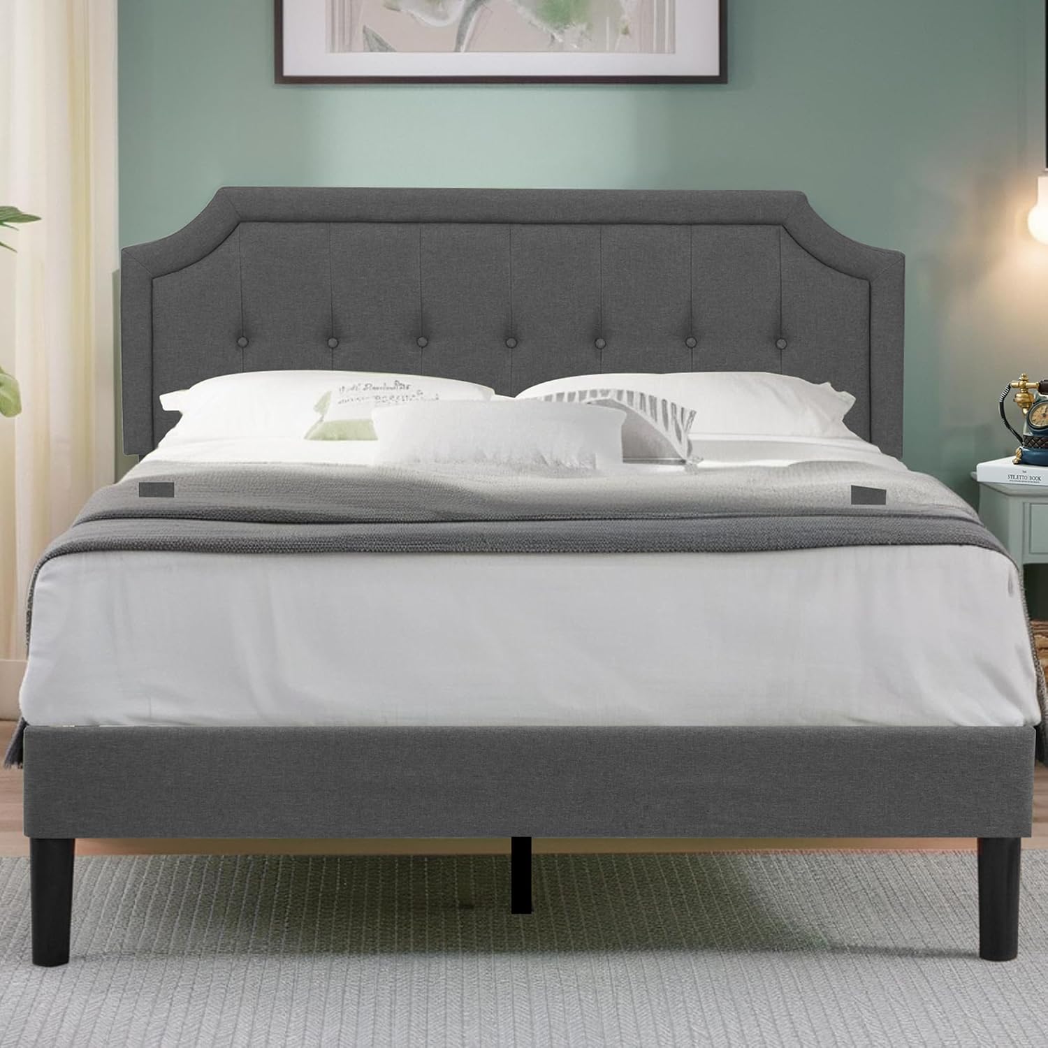 VECELO Queen Upholstered Platform Bed Frame Panel Headboard, Grey - $90