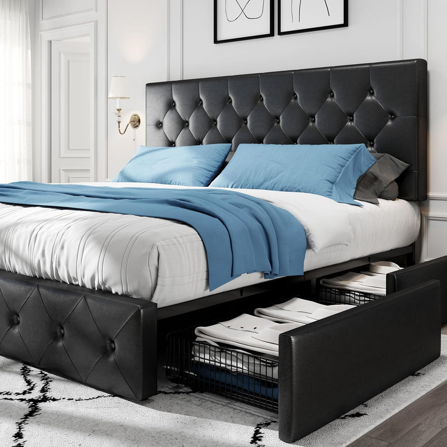 HOOMIC King Platform Storage Bed Frame with 4 Drawers & Adjustable Headboard - $290