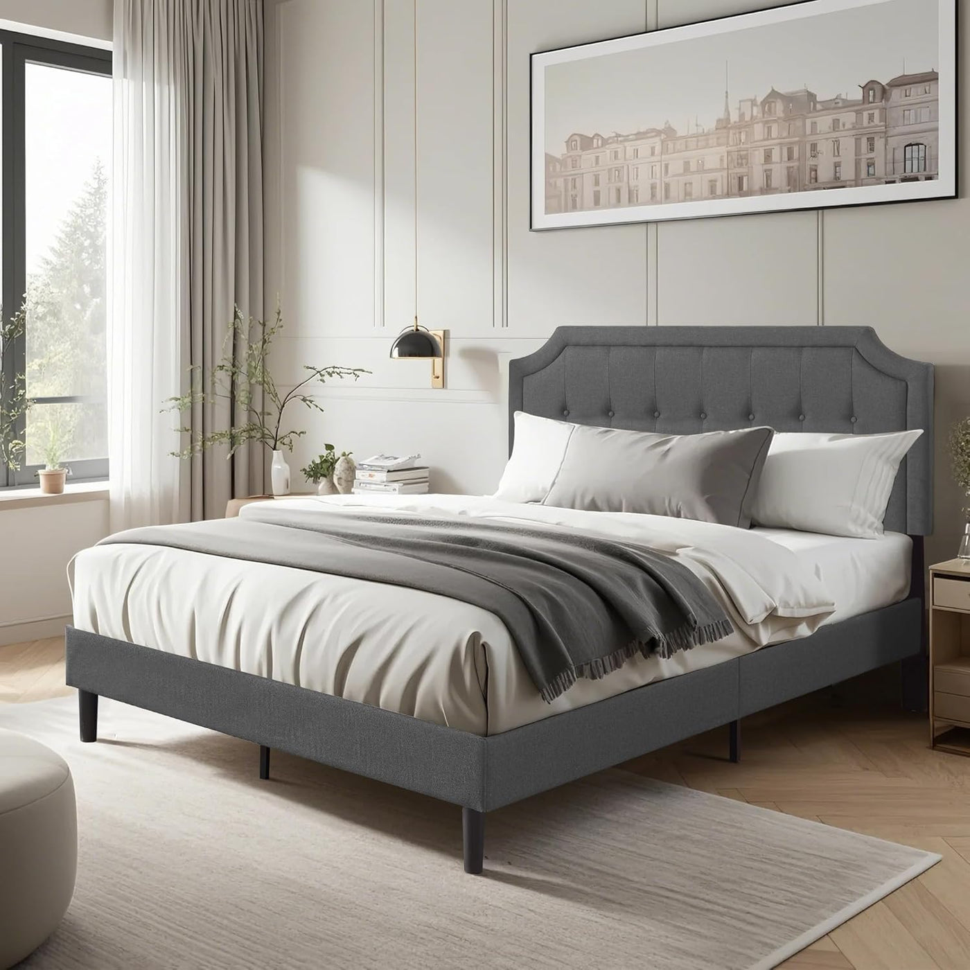 VECELO Queen Upholstered Platform Bed Frame Panel Headboard, Grey - $90