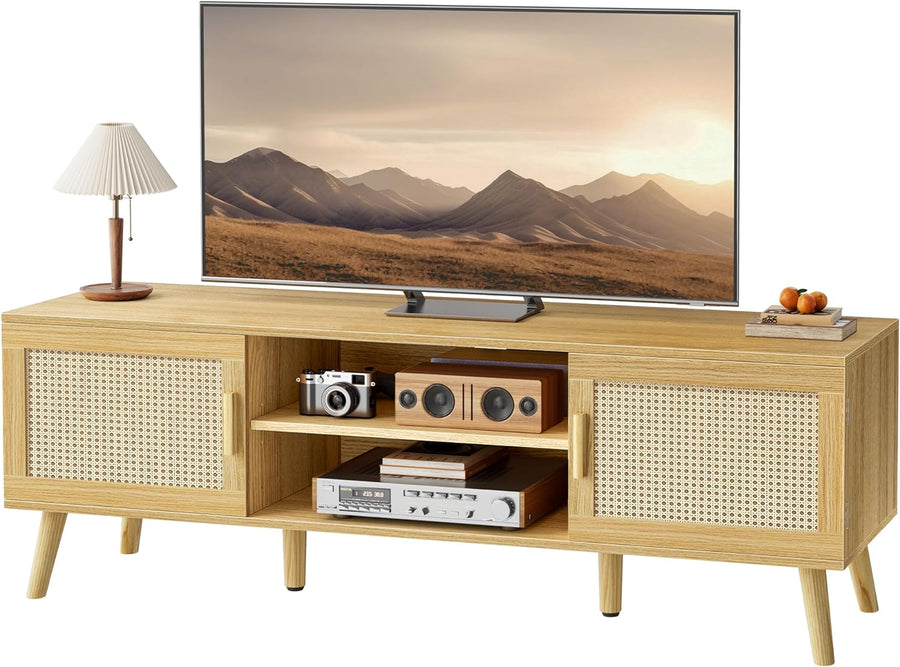 SUPERJARE Boho TV Stand for 55 Inch TV, Entertainment Center with Adjustable Shelf - $65