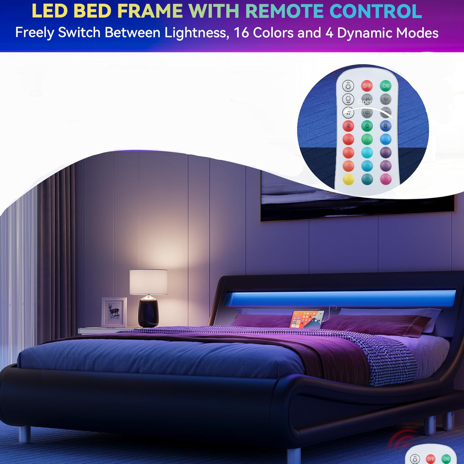 YITAHOME King Size LED Platform Bed Frame with Adjustable Headboard - $225