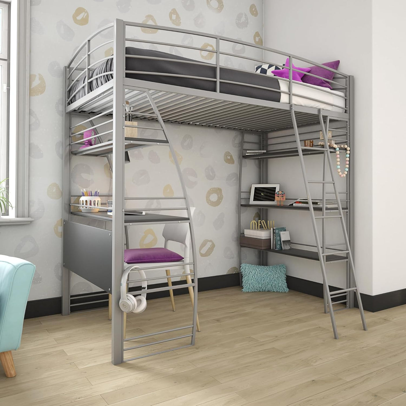 DHP Studio Loft Bunk Bed Over Desk and Bookcase with Metal Frame, Twin, Gray Gray - $185