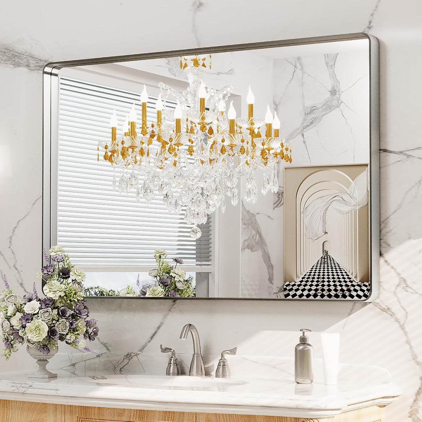 LOAAO 48X30 Inch Brushed Nickel Bathroom Mirror, Rounded Rectangle - $115