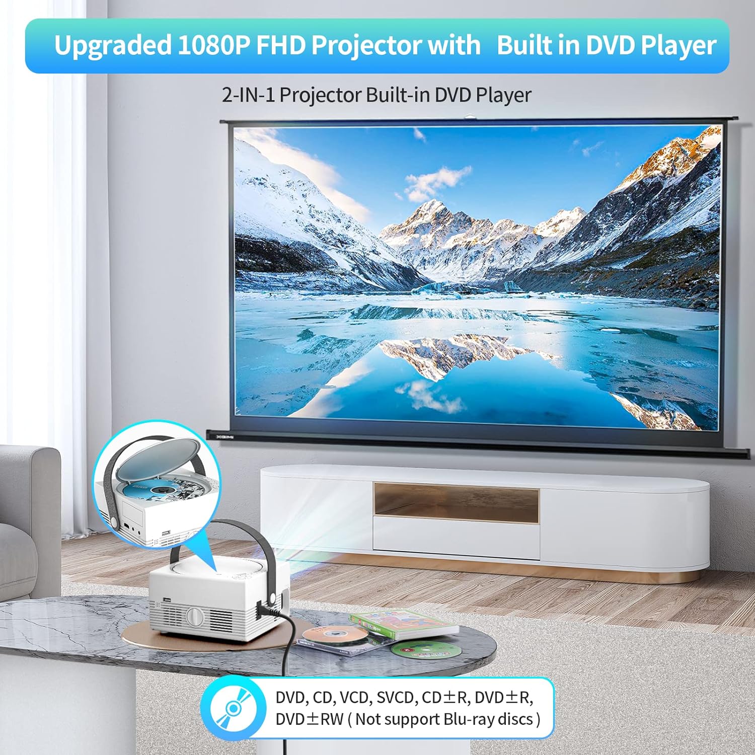 FELEMAN Mini Projector Built in DVD Player - $120