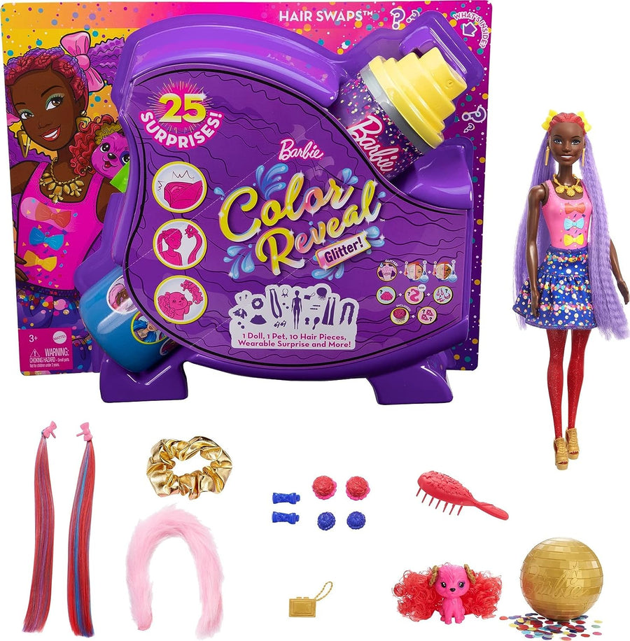 Barbie Color Reveal Glitter! Hair Swaps Doll, Glittery Blue with 25 Hairstyling Surprises - $9