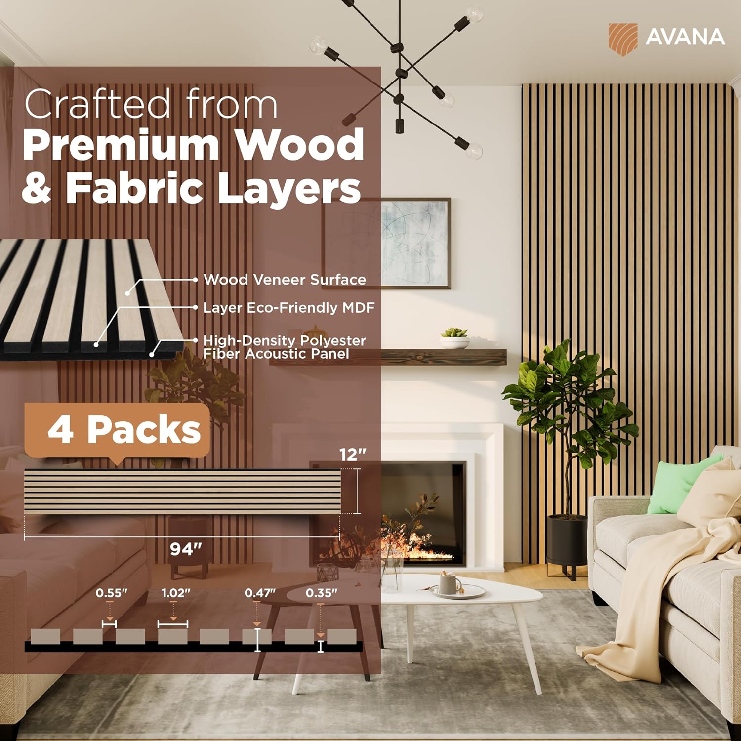 Avana Acoustic Wood Wall Panels – 94.4 x 12.6 Inch White Oak Acoustic Panels 4 PCs - $115