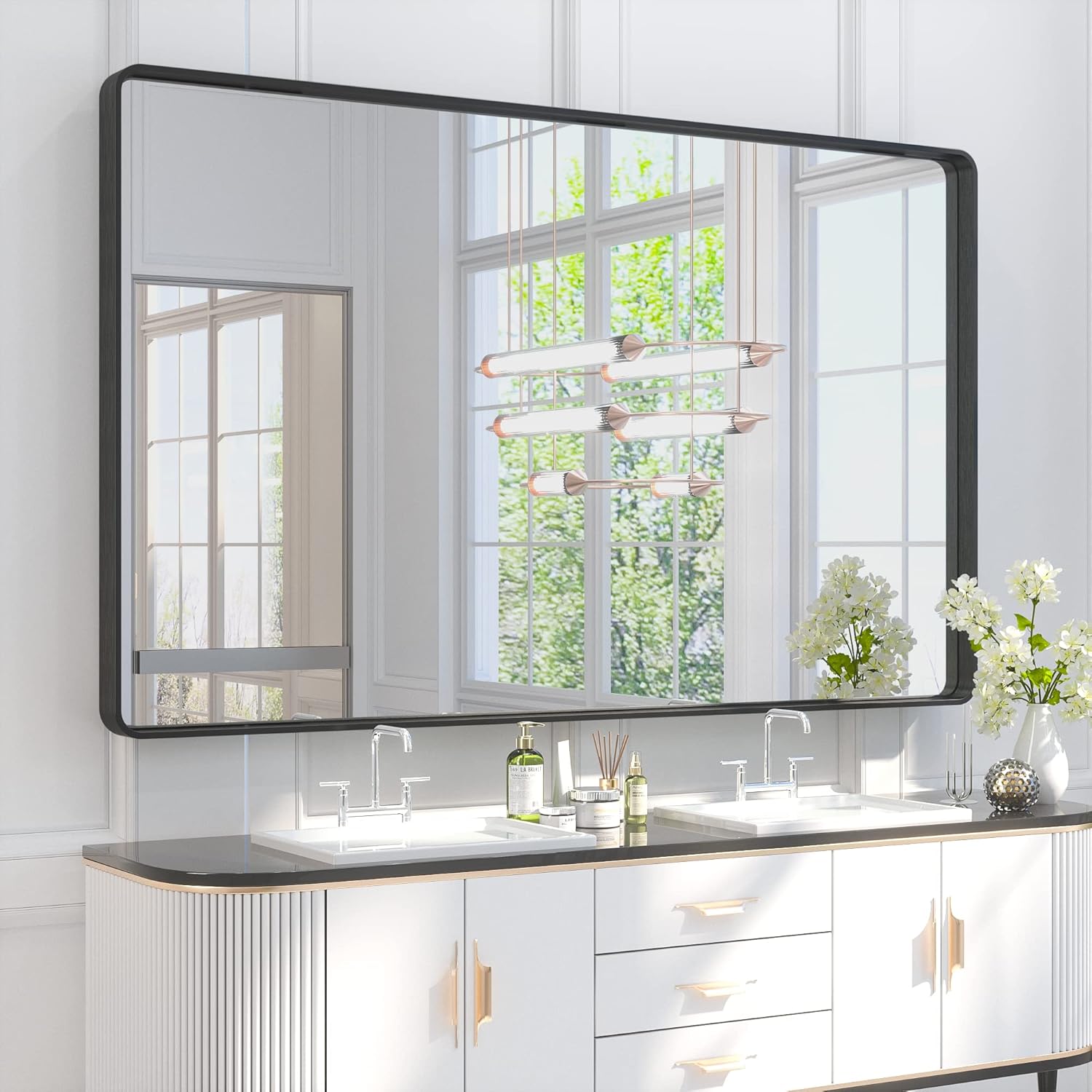 TETOTE 60 x 36 Inch Bathroom Mirror, Matte Black Metal Frame Modern Farmhouse - $190