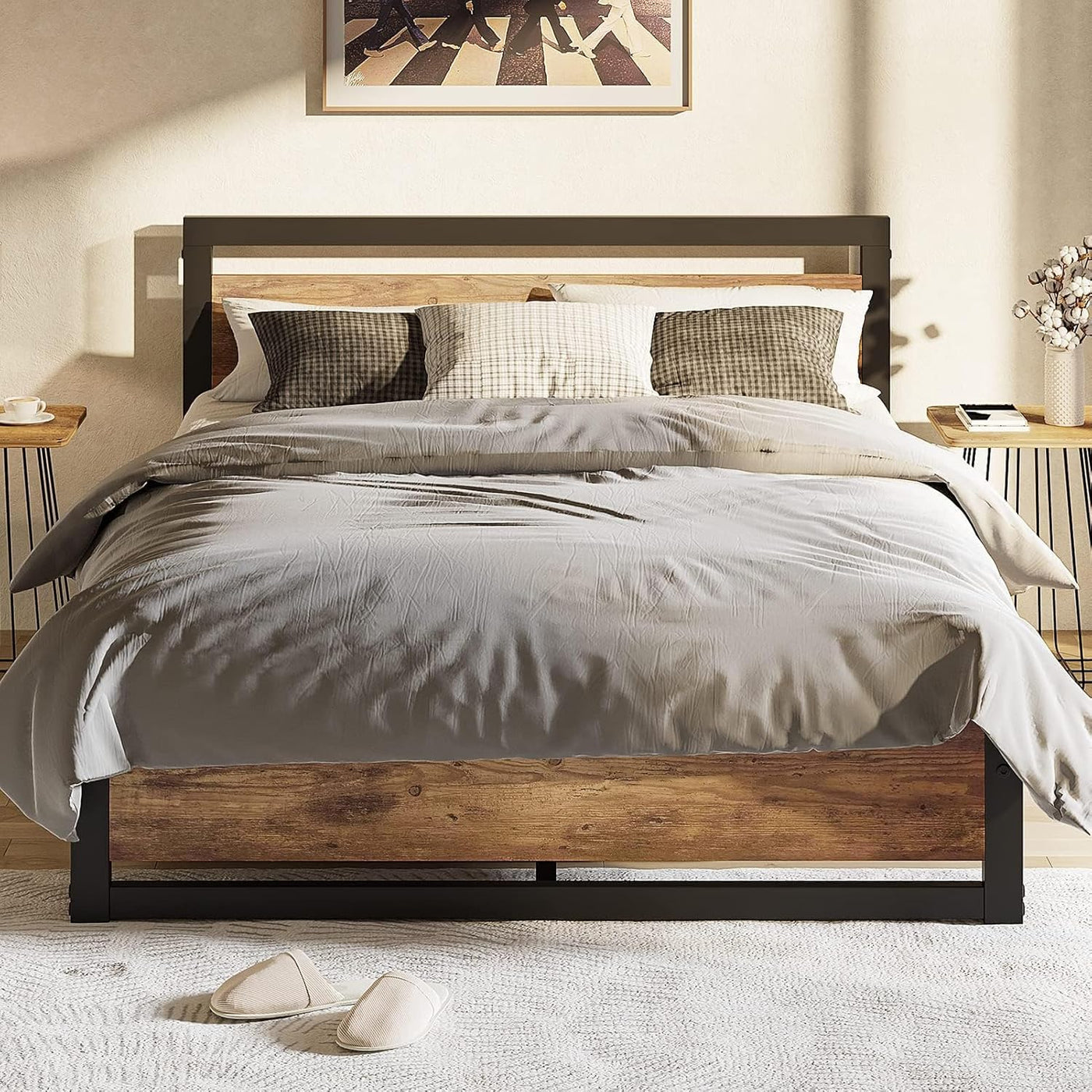 IDEALHOUSE King Size Bed Frame, Wooden Headboard & Footboard, Rustic Brown - $120