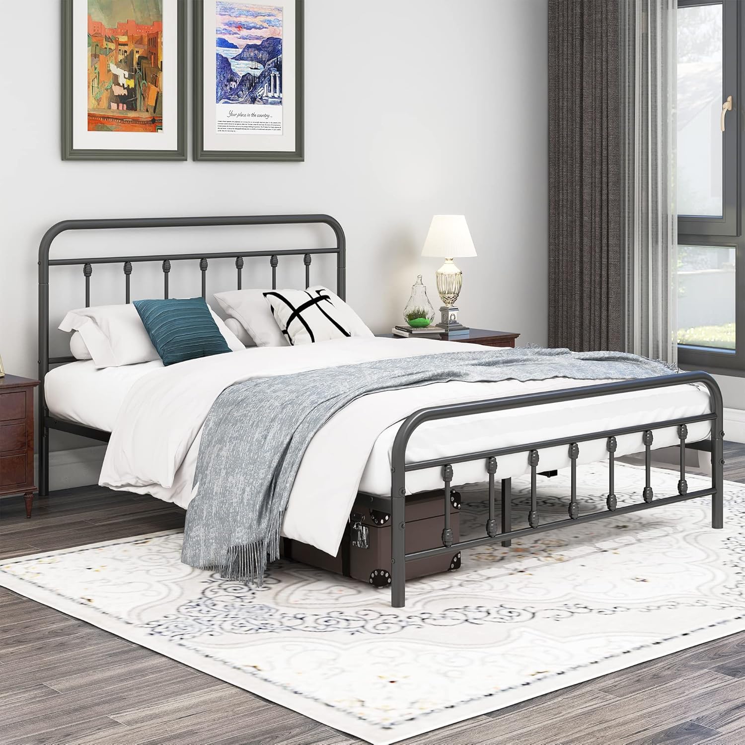 DUMEE Metal Queen Bed Frame with Headboard and Footboard, Textured Black - $110