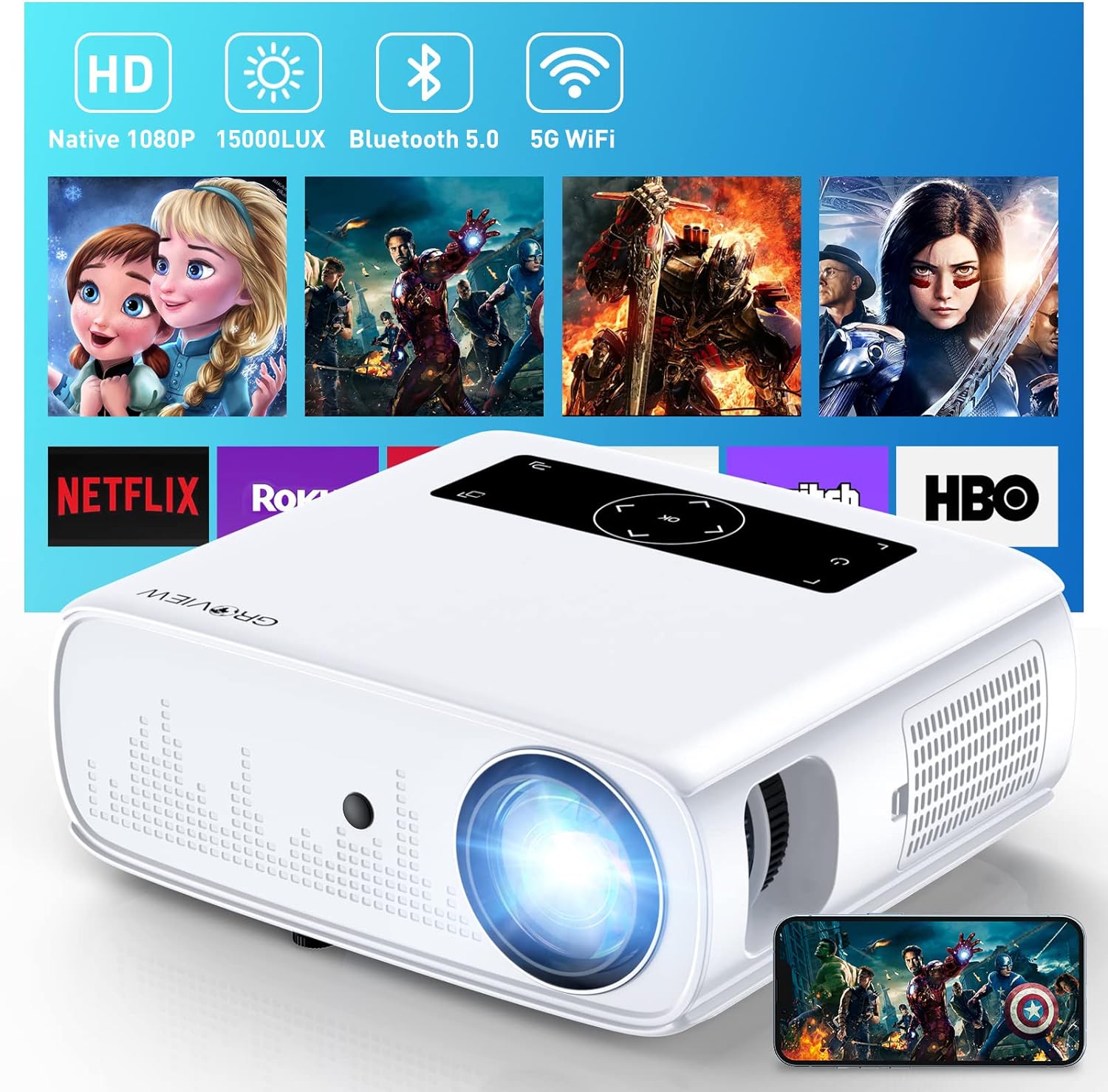 GROVIEW Projector, 15000lux 490ANSI Native 1080P WiFi Bluetooth Projector - $150