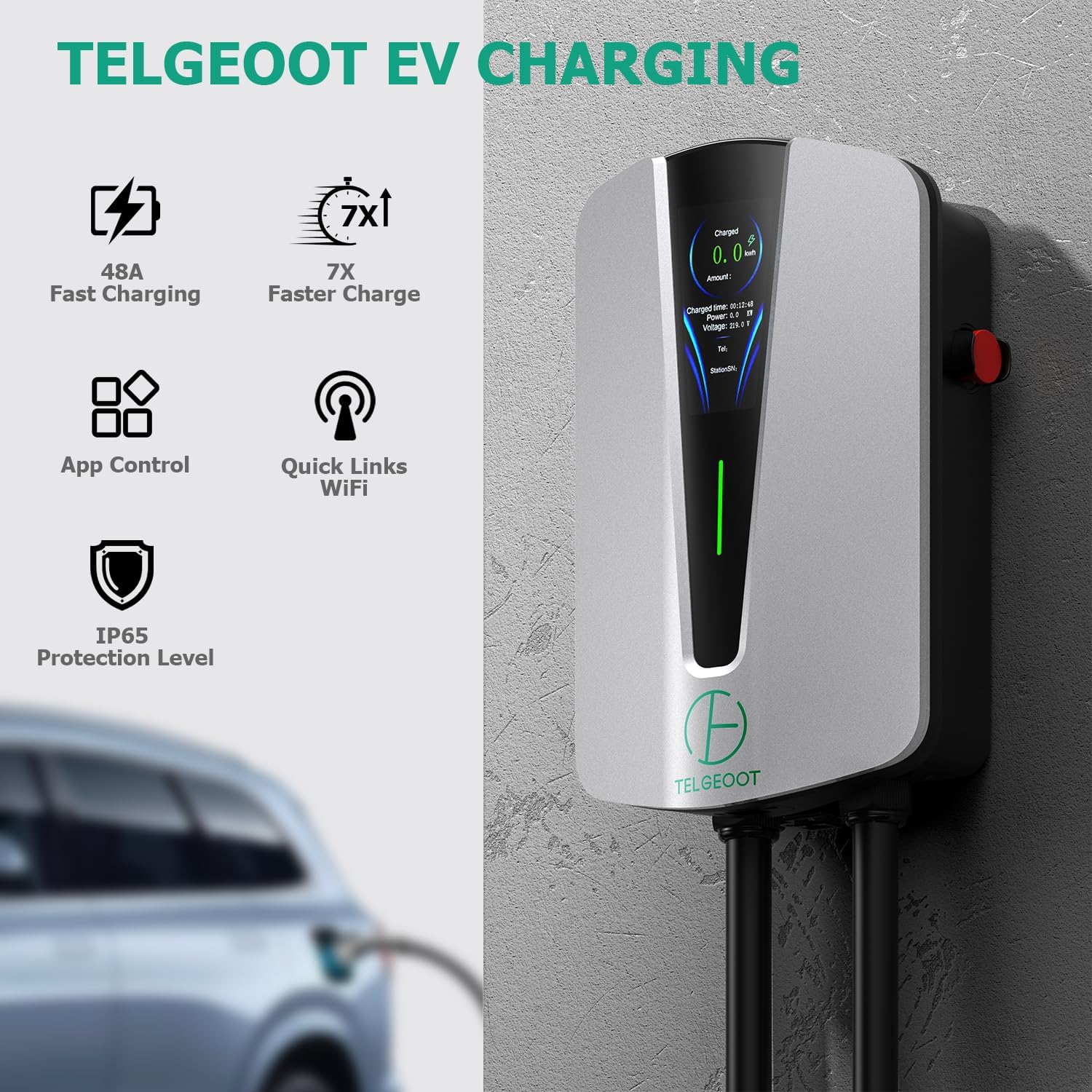Level 2 EV Charger 48Amp, Indoor/Outdoor Electric Car Charger EVSE SAE J1772 - $225