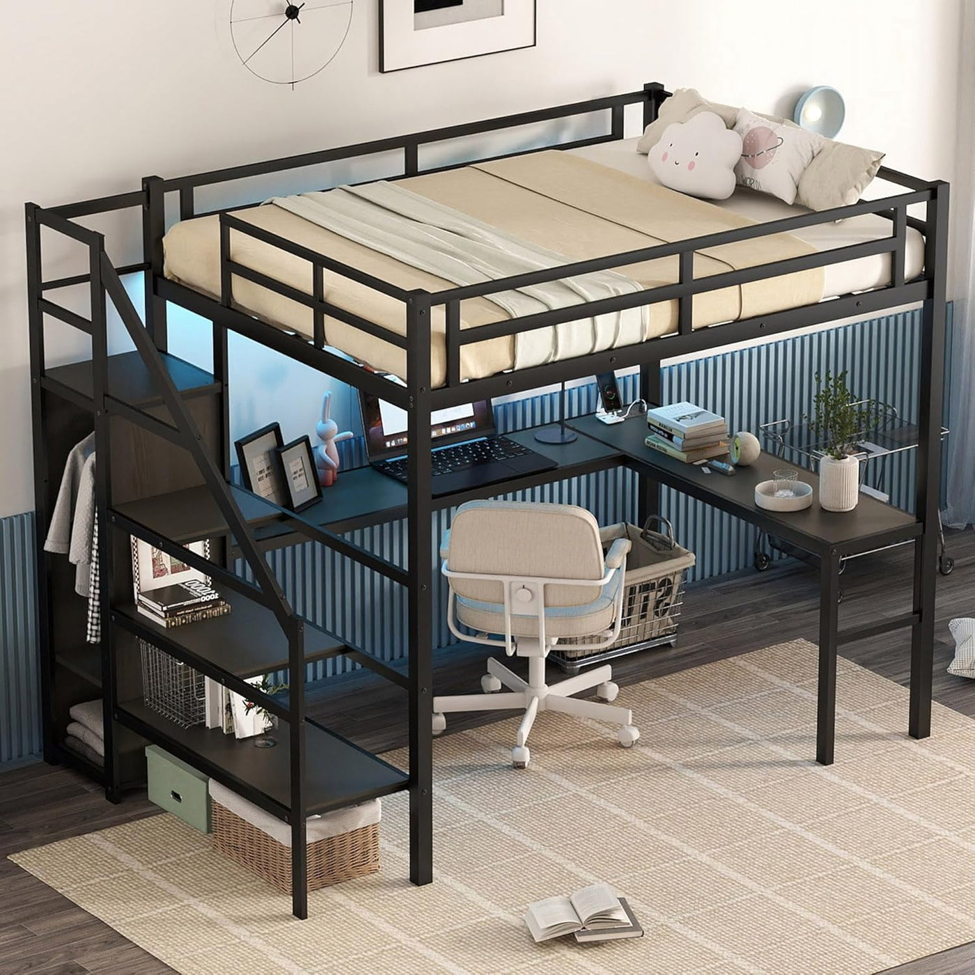 Full Size Metal Loft Bed with Desk and Wardrobe,Heavy Duty Loft Bed Frame - $235