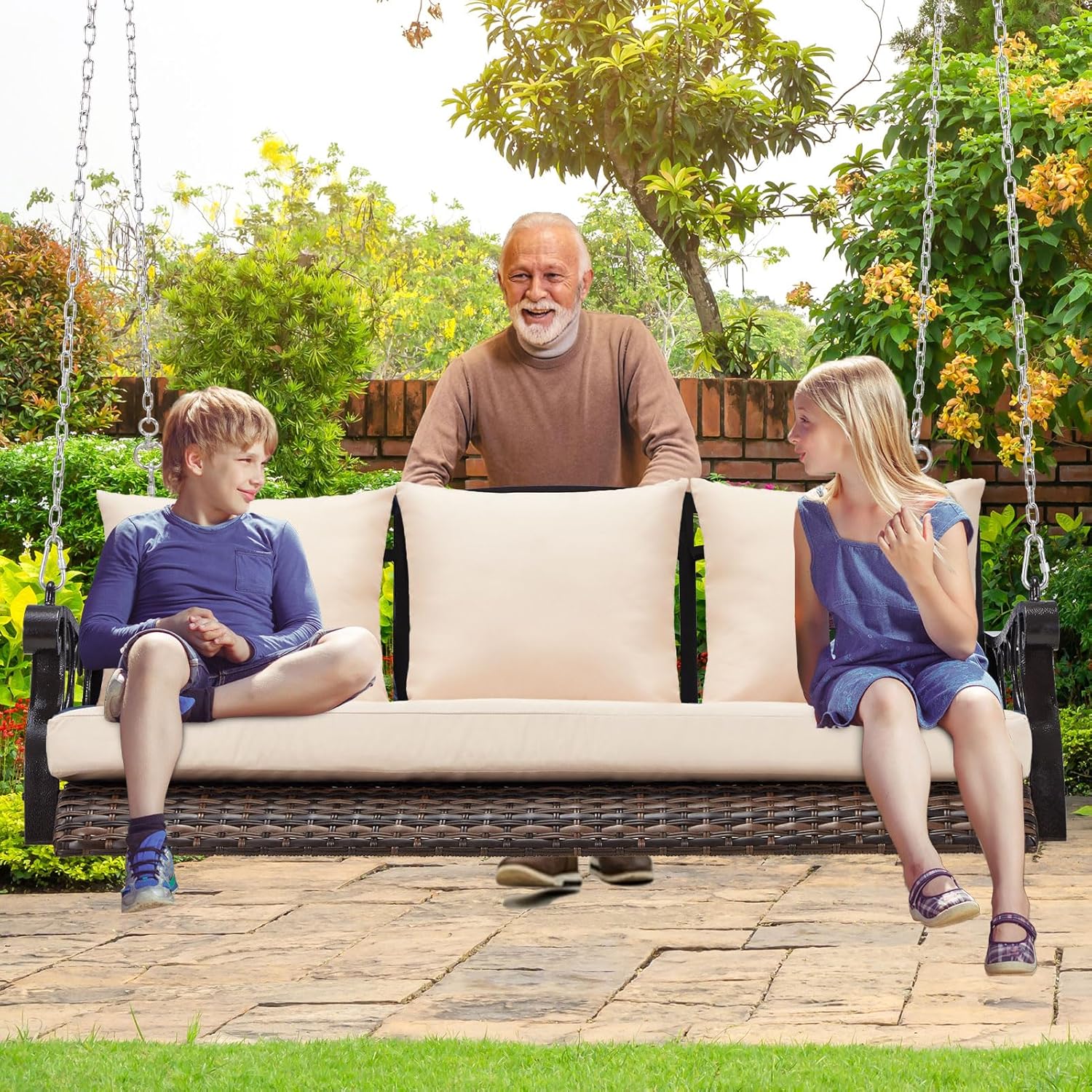 3-Person Wicker Porch Swing Chair Heavy Duty 900 LBS Outdoor Rattan - $110