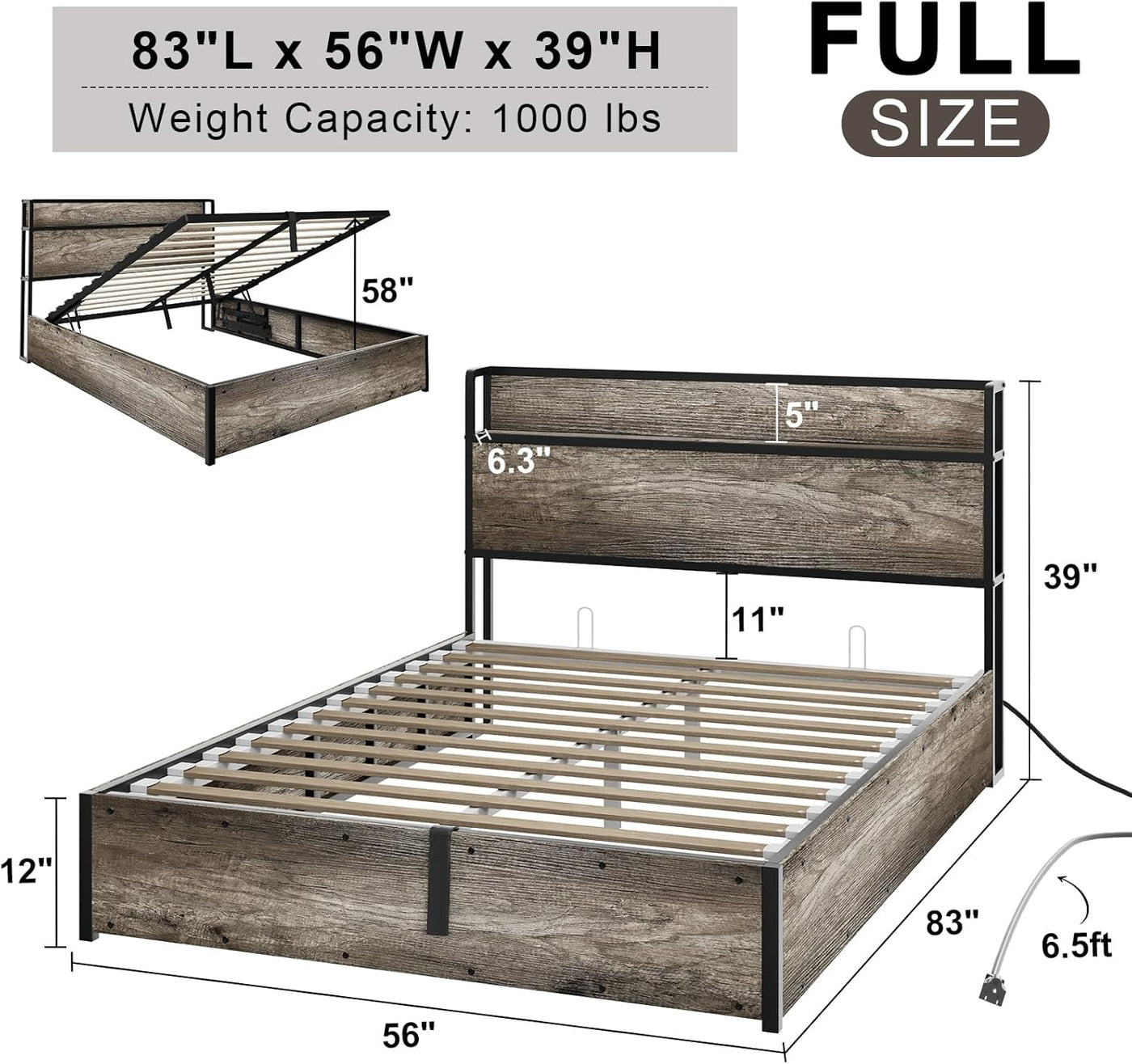 AMERLIFE Full Size Lift Up Storage Bed Frame, Wooden Platform Bed Frame - $155