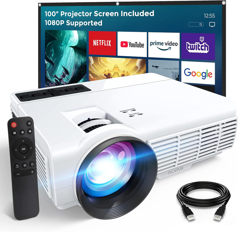 ALVAR 1080P Supported Bluetooth Projector w/ 100'' Screen - $80