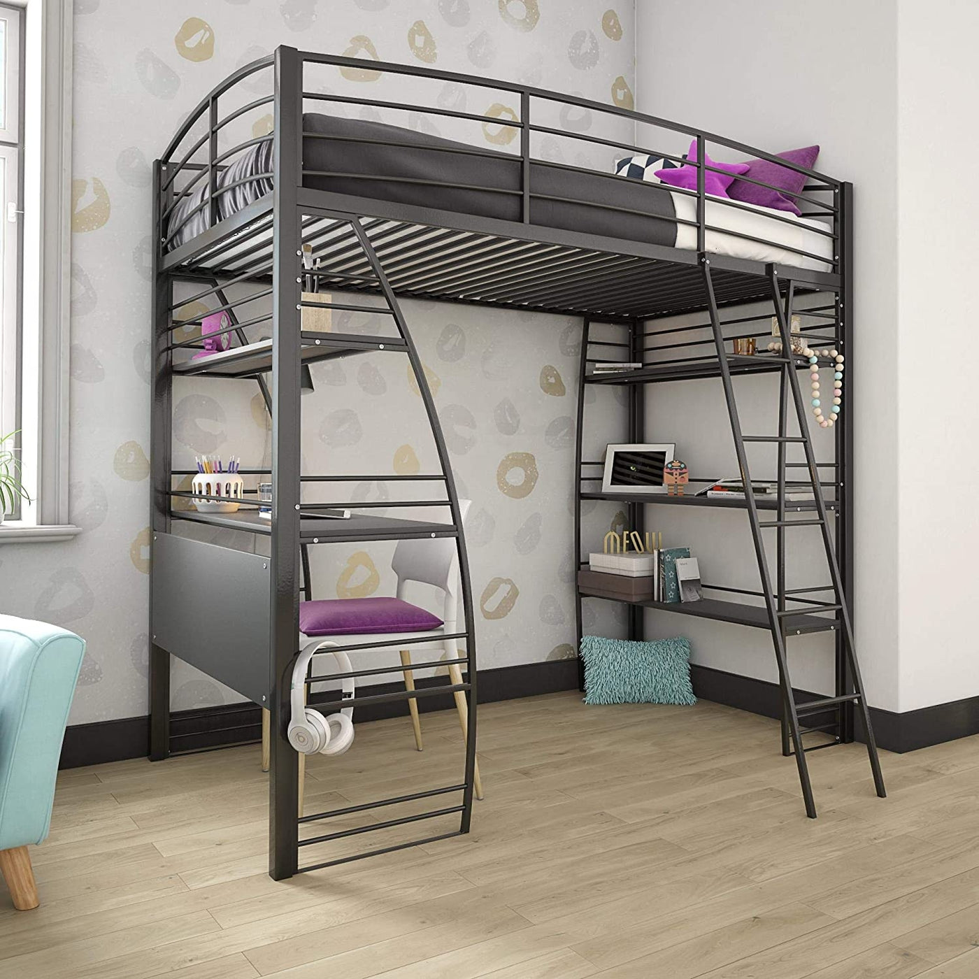 DHP Studio Loft Bunk Bed Over Desk and Bookcase with Metal Frame - Twin (Gray) - $235