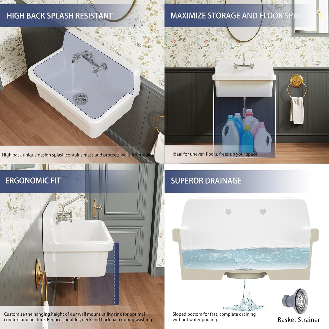 ELLAI Wall Mount Utility Sink Wall Mounted Laundry Tub Ceramic Farm Style - $235