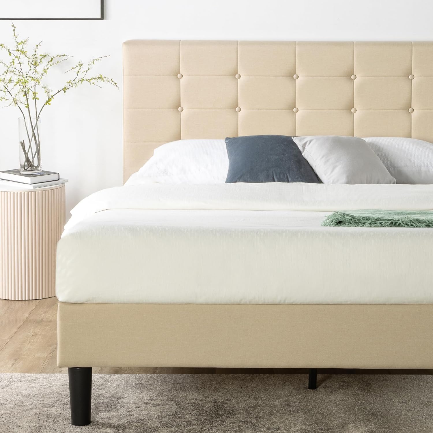 ZINUS Ibidun Upholstered Platform Bed Frame, Mattress Foundation, King, Beige - $150