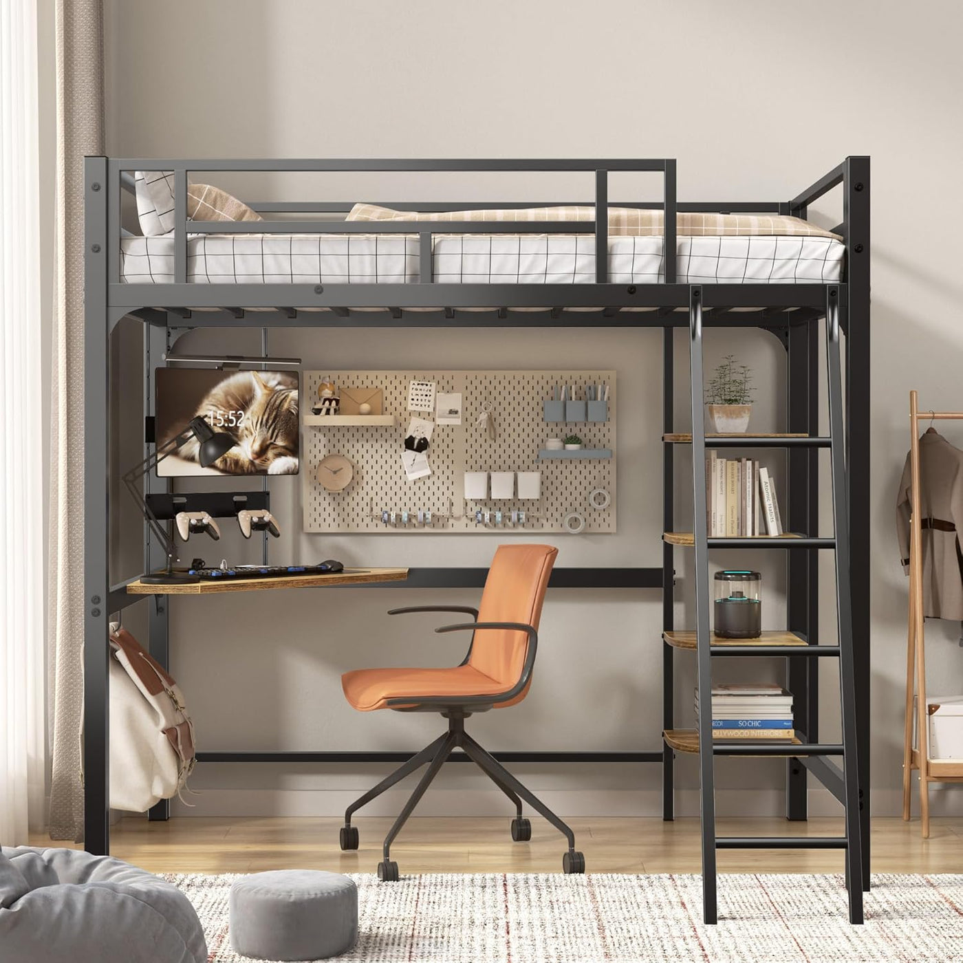 soges Metal Loft Bed Twin Size with Desk & Shelves, Heavy Duty, Black - $155