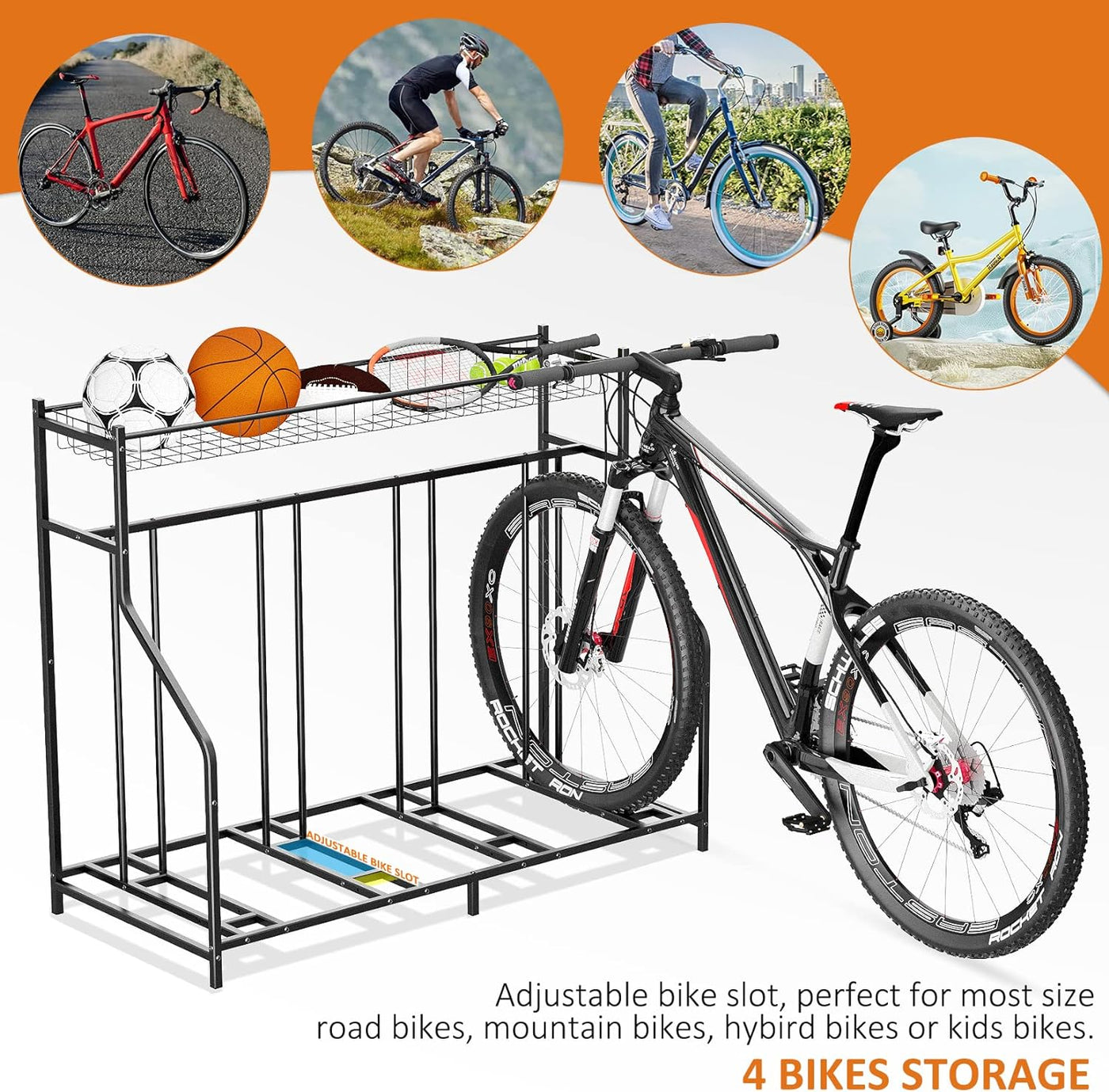 Gadroad 4 Bike Rack Garage with Storage Basket for Mountain/Kids Bike, Black - $60