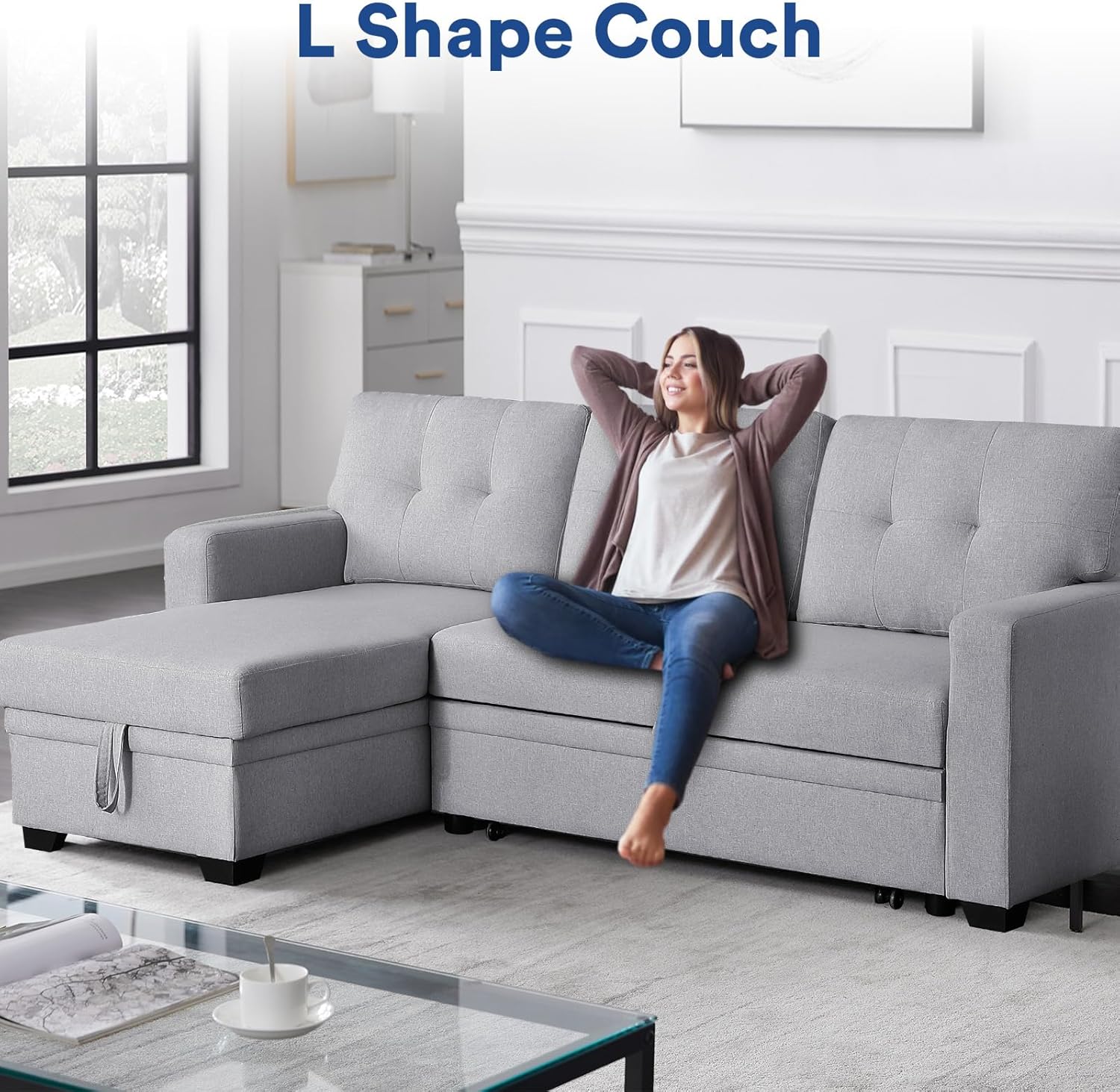 Rovibek 4-in-1 Convertible L Shaped Couch with Pull Out Bed and Storage - $230