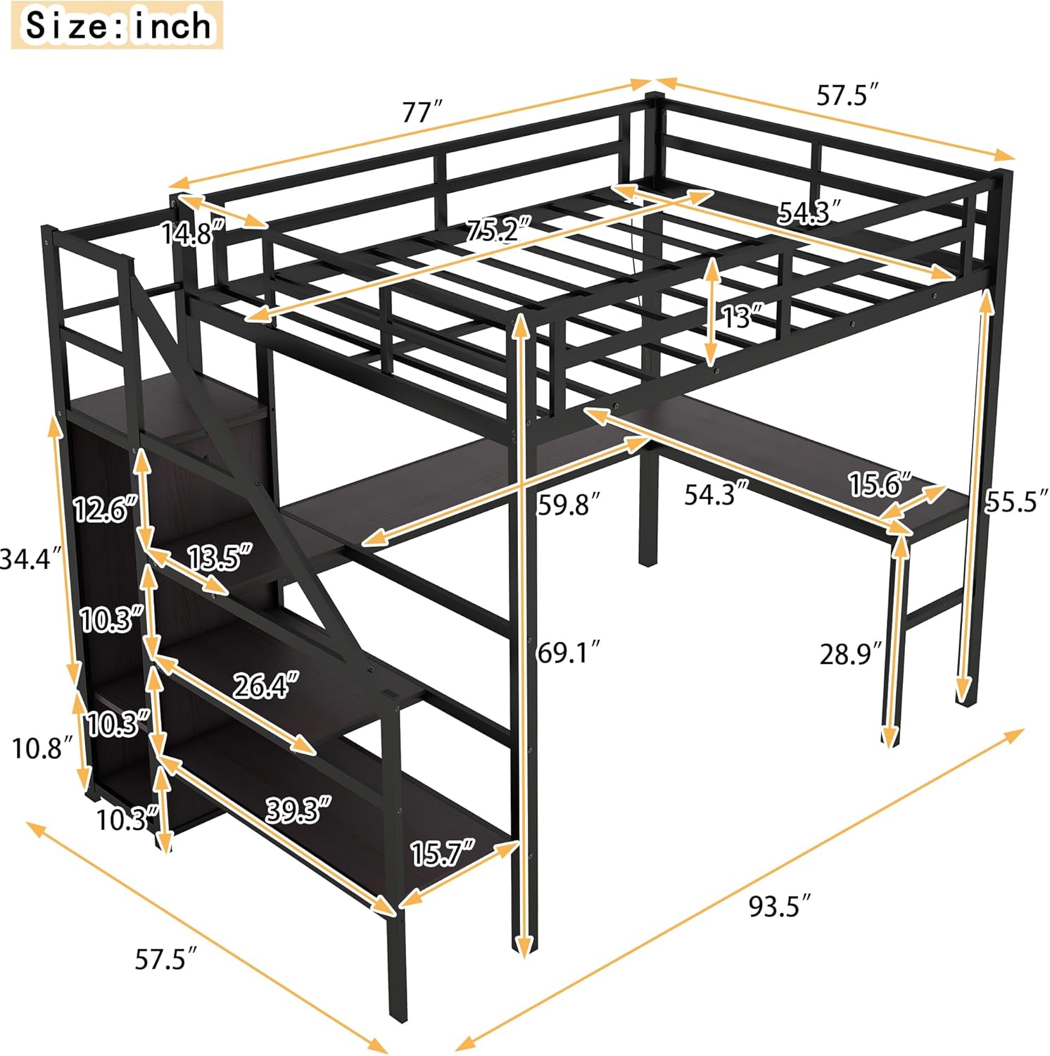 Full Size Metal Loft Bed with Desk and Wardrobe,Heavy Duty Loft Bed Frame - $235