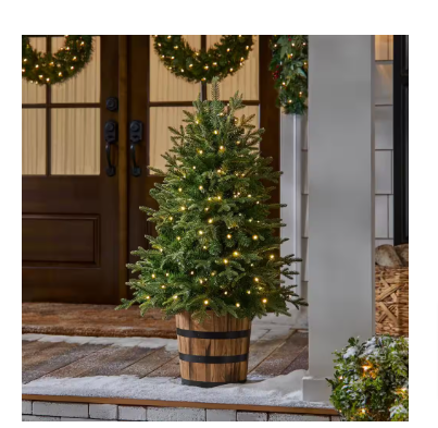 Home Accents 4 ft. Pre-Lit LED Fraser Fir Christmas Tree with Whiskey Barrel Pot - $55
