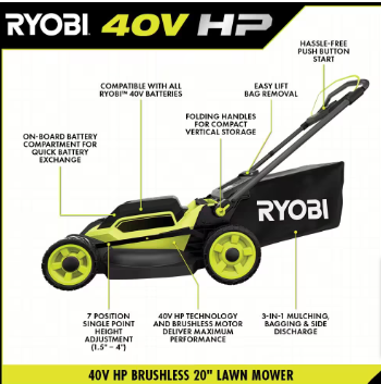 RYOBI 40V HP Brushless 20 in. Cordless Battery Walk Behind Push Mower(Lightly Used) - $200