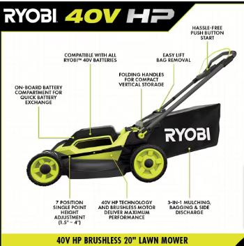 RYOBI 40V HP Brushless 20 in. Cordless Battery Walk Behind Push