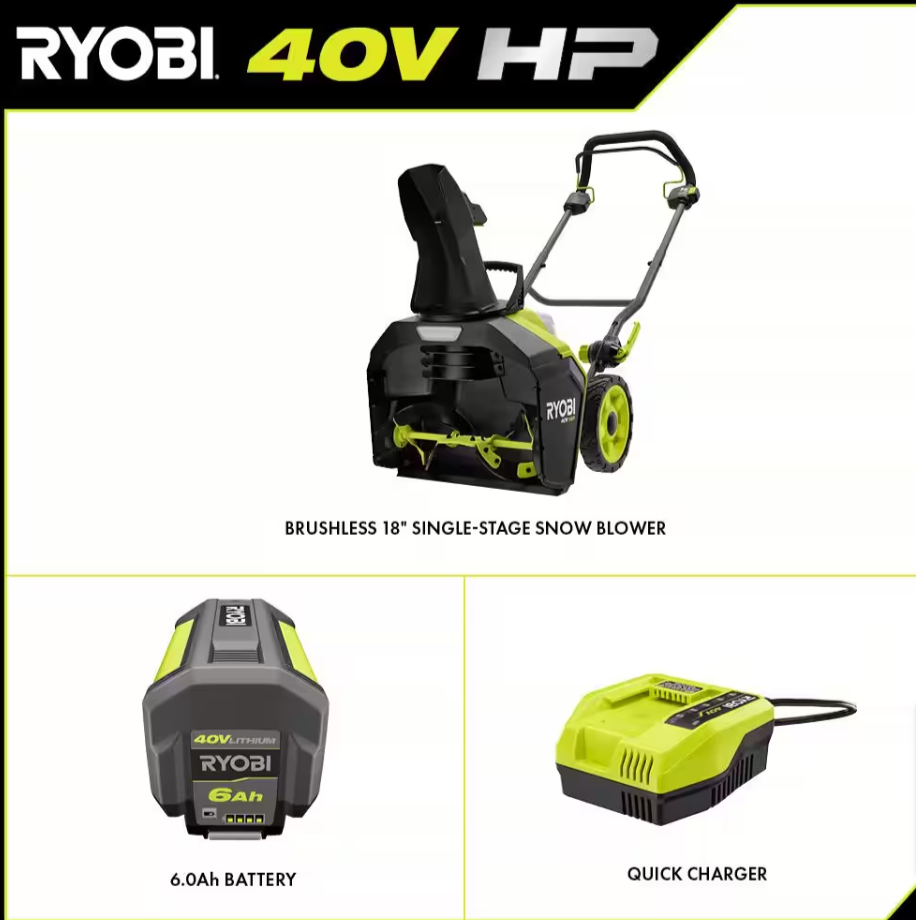 Ryobi 40V HP Brushless 18 in. Single-Stage Cordless Electric Snow Blower, Battery, Charger - $350