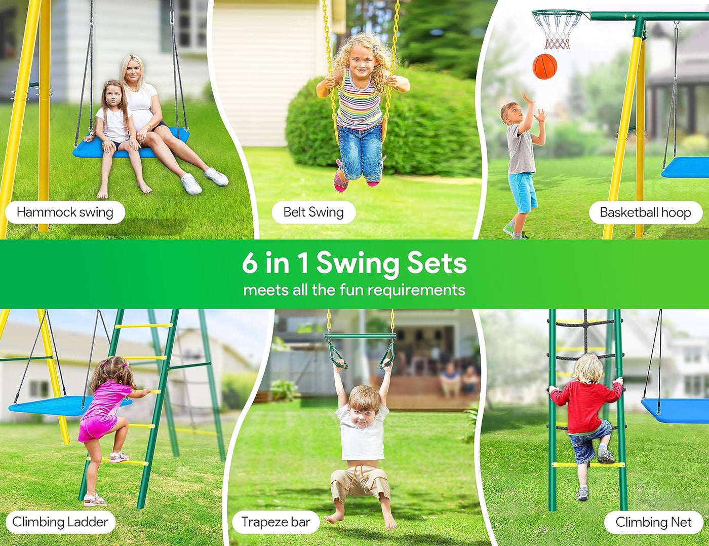 Osoeri Swing Sets for Backyard, 6 in 1 Swing Set, Heavy-Duty Metal - $235