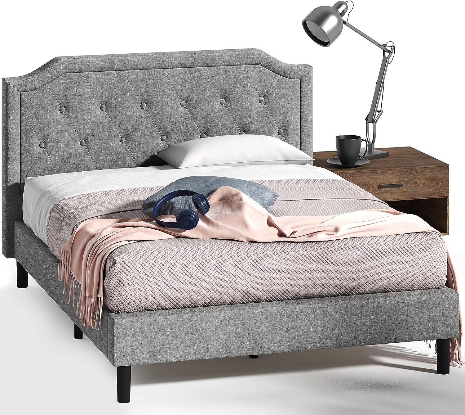 ZINUS Kellen Upholstered Scalloped Platform Bed Frame, Mattress Foundation, King - $190