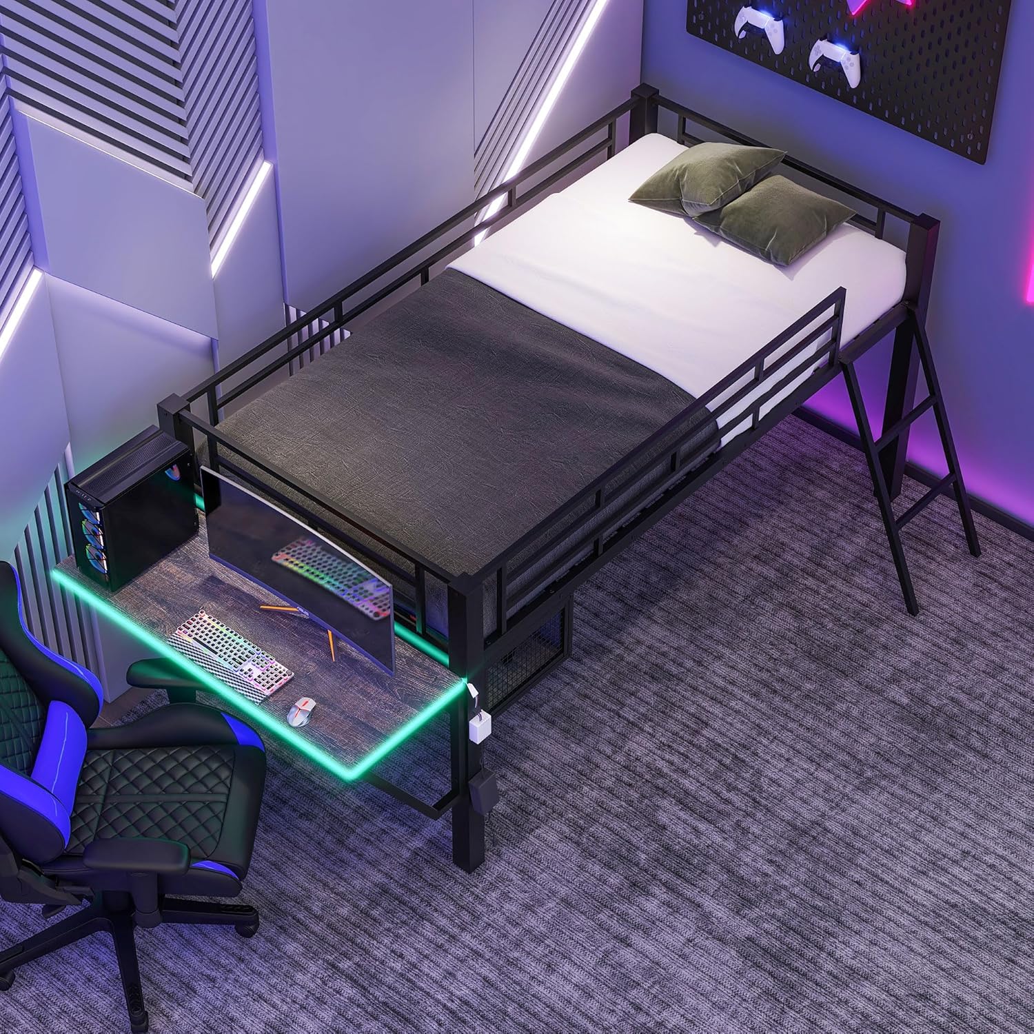 Harper & Bright Designs Gaming Mid Loft Bed Frame with Desk, LED, Twin, Black - $110