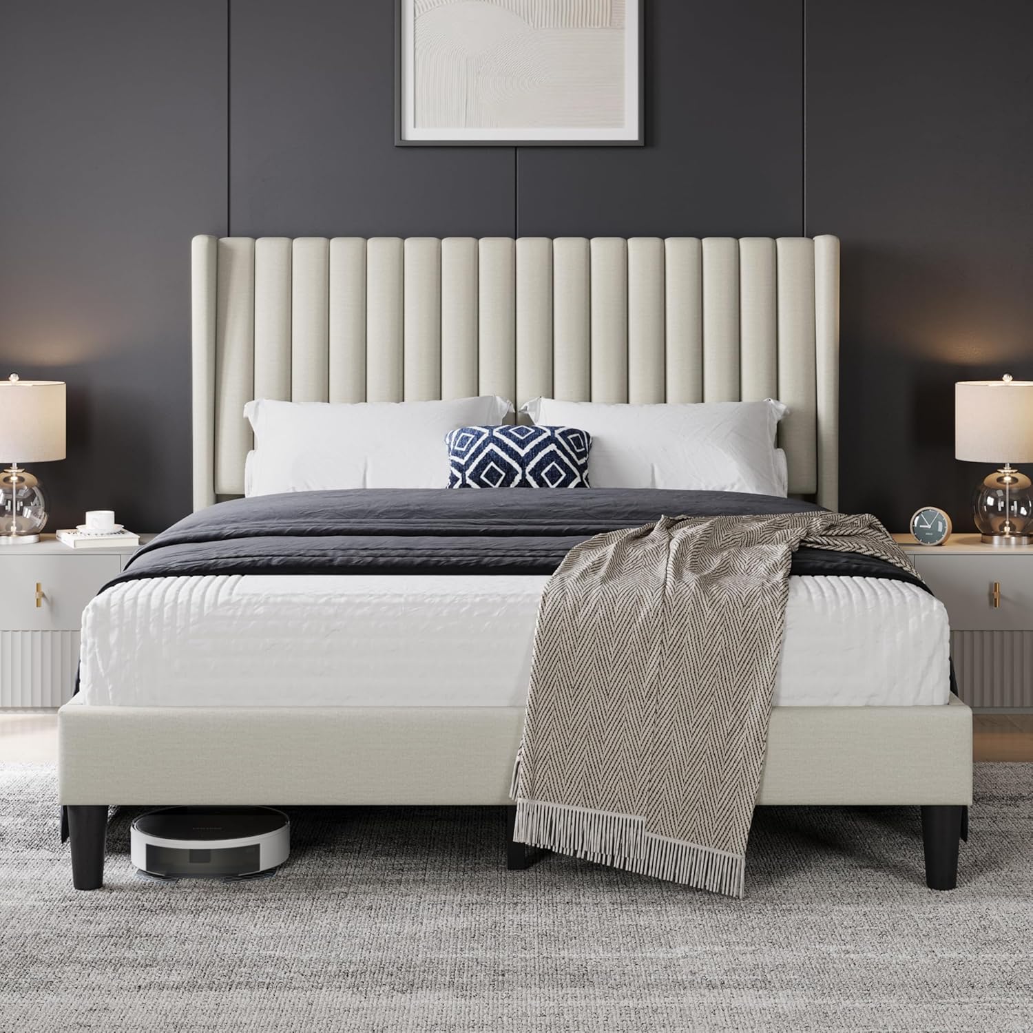Yaheetech Queen Bed Frame Upholstered Platform Bed with Fabric Headboard - $90