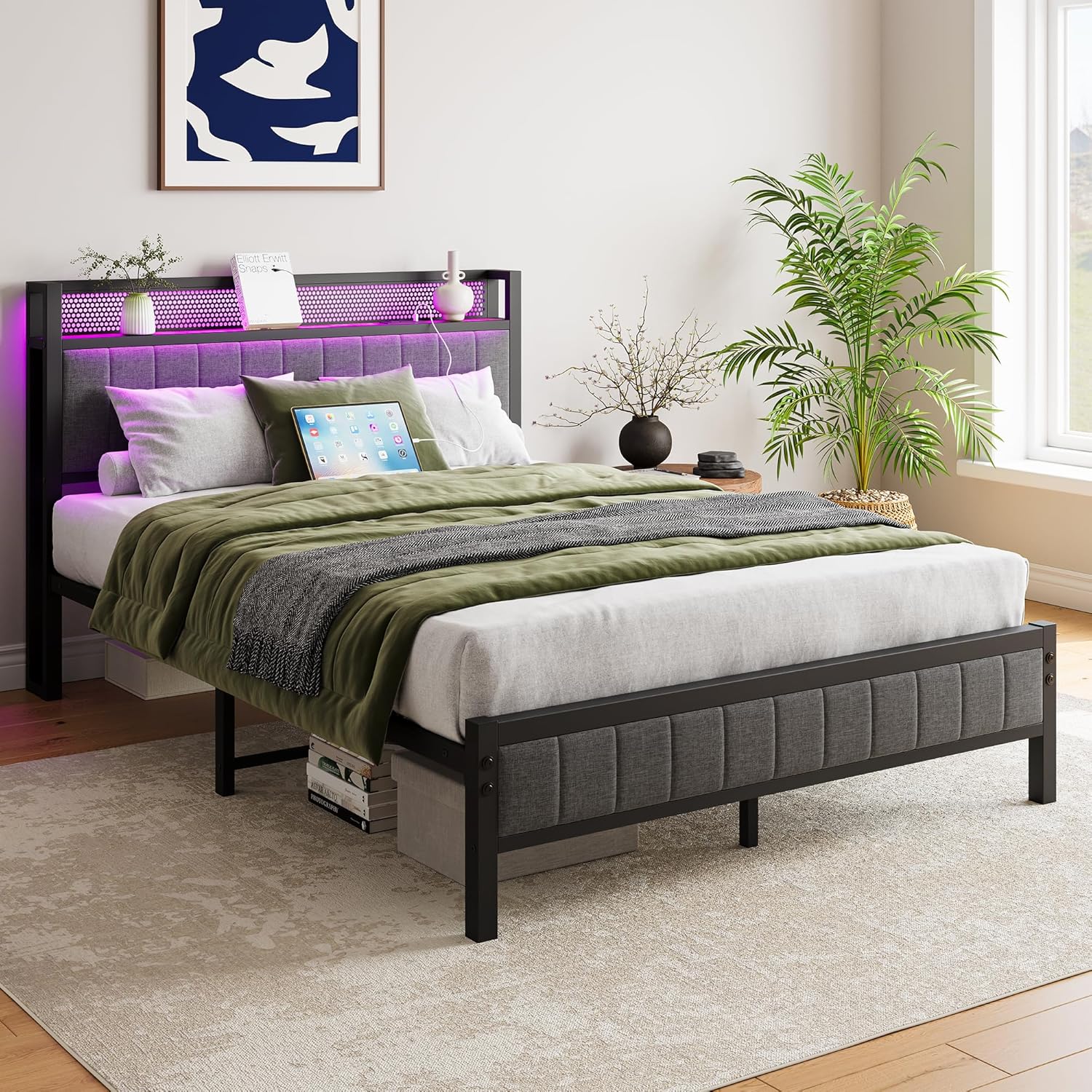 BOFENG Full Size Bed Frame with Storage Headboard/LED Lights, Heavy Duty - $110