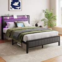 BOFENG Full Size Bed Frame with Storage Headboard/LED Lights, Heavy Duty - $110