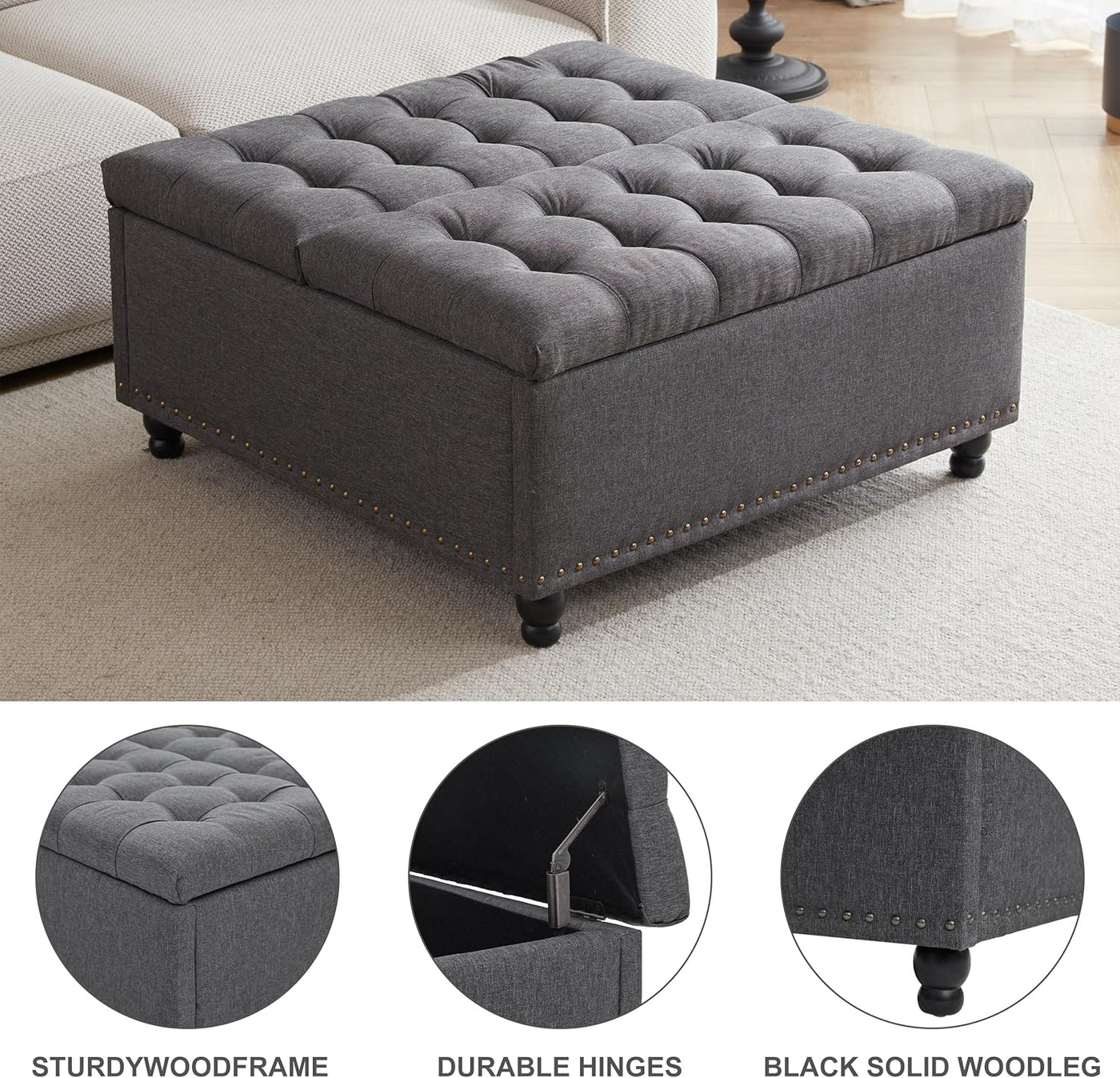 Tbfit 35.5” Large Square Storage Ottoman Bench, Tufted Upholstered Coffee Table - $120