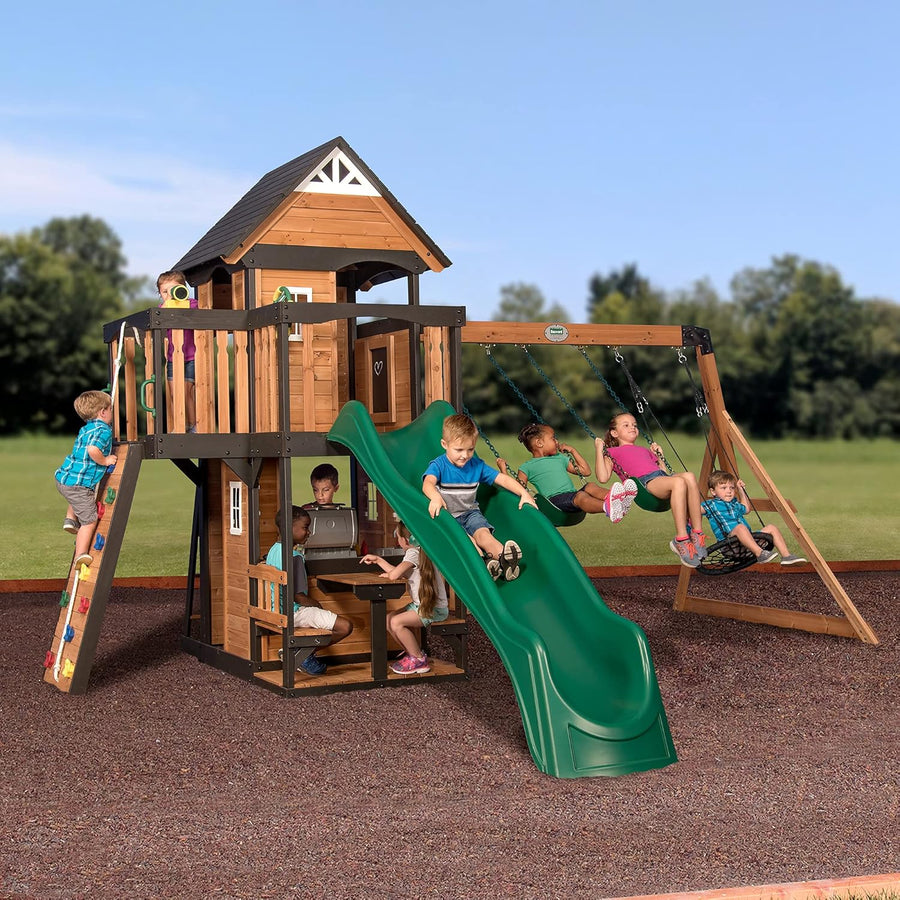 Backyard Discovery Canyon Creek All Cedar Wood Swing Set, Playhouse with Grill - $840