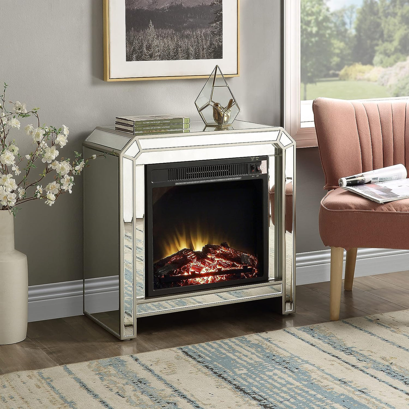 MIREO Mirrored Fireplace with Crystal Diamond Inlay-$150