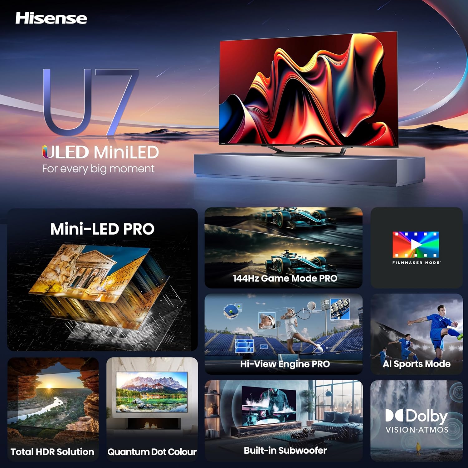 Hisense 75-Inch Class U7 Series Mini-LED ULED 4K UHD Google Smart TV - $675
